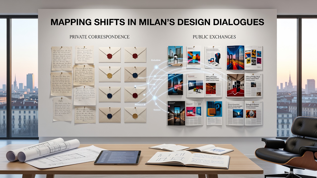 Public exhibition panels and digital correspondence samples illustrating Milan design shifts