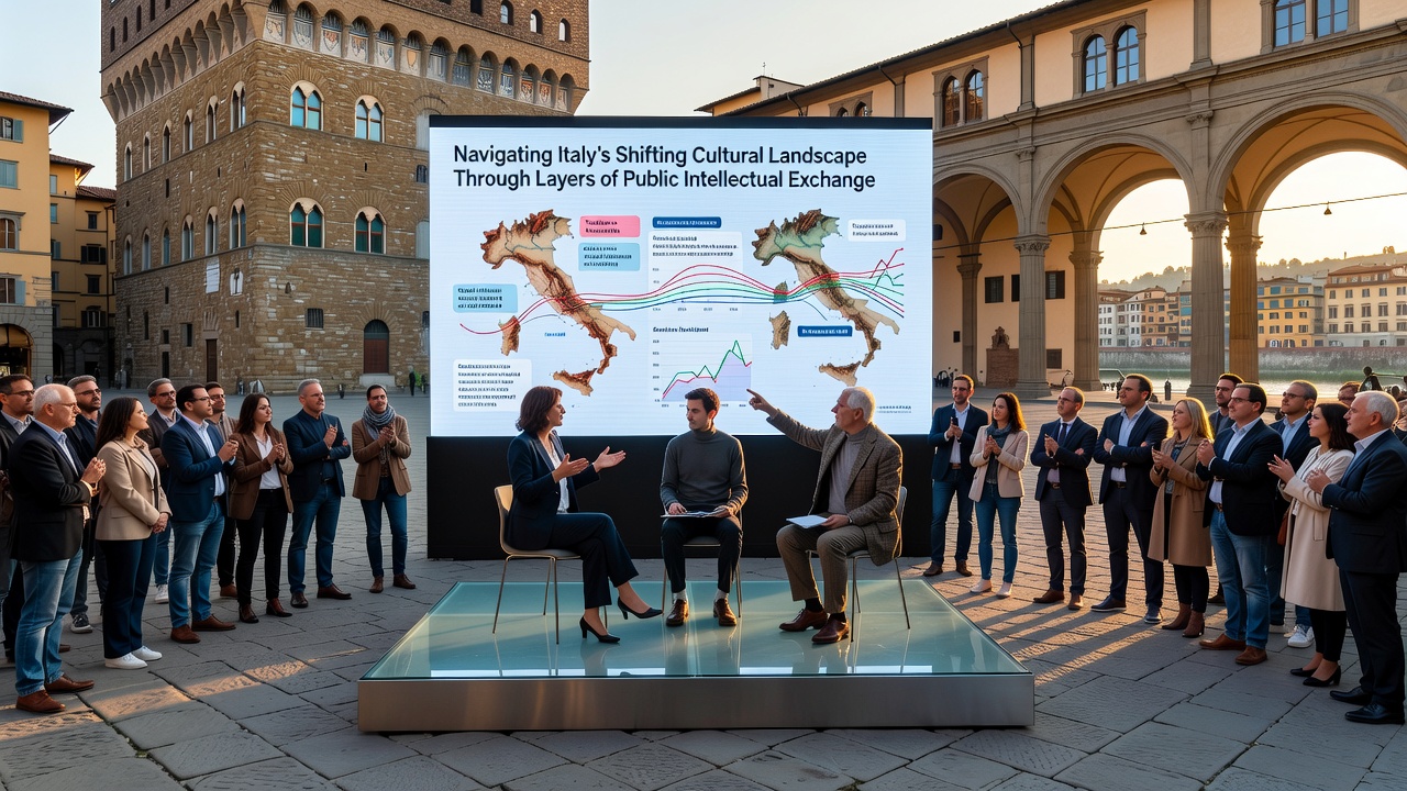 Diverse group of participants in an Italian public debate on cultural identity with digital screens displaying multilingual translations