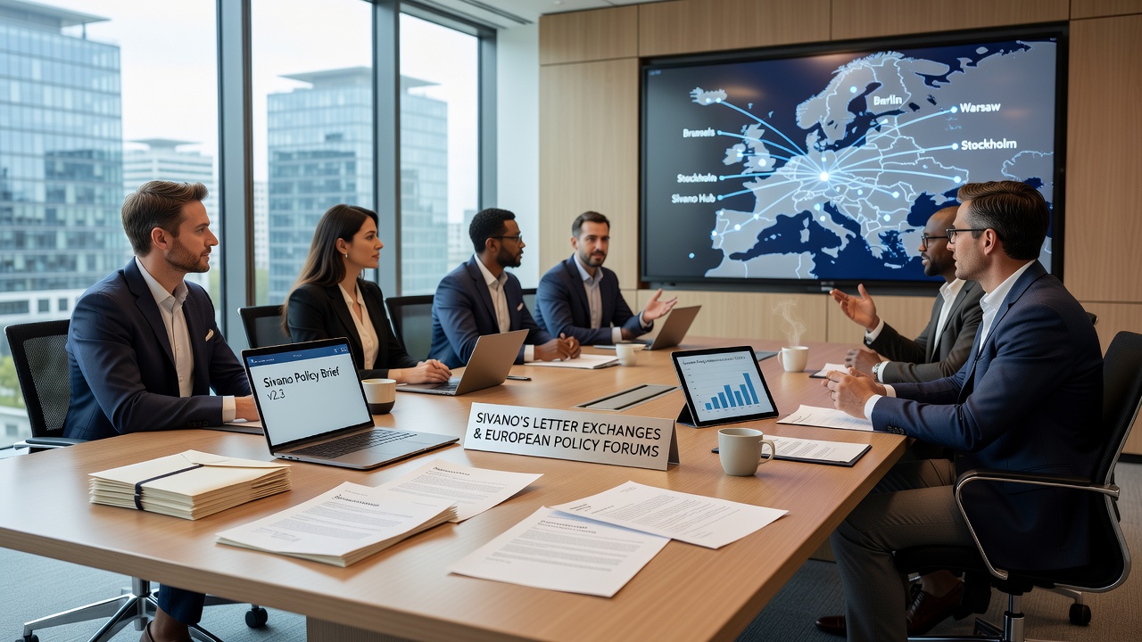 Conference room in Brussels with participants reviewing printed excerpts from Sivano correspondence during a policy forum session